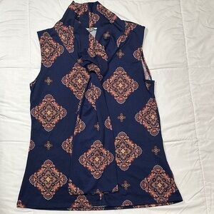 Elegant Navy Patterned Blouse with Scarf Detail